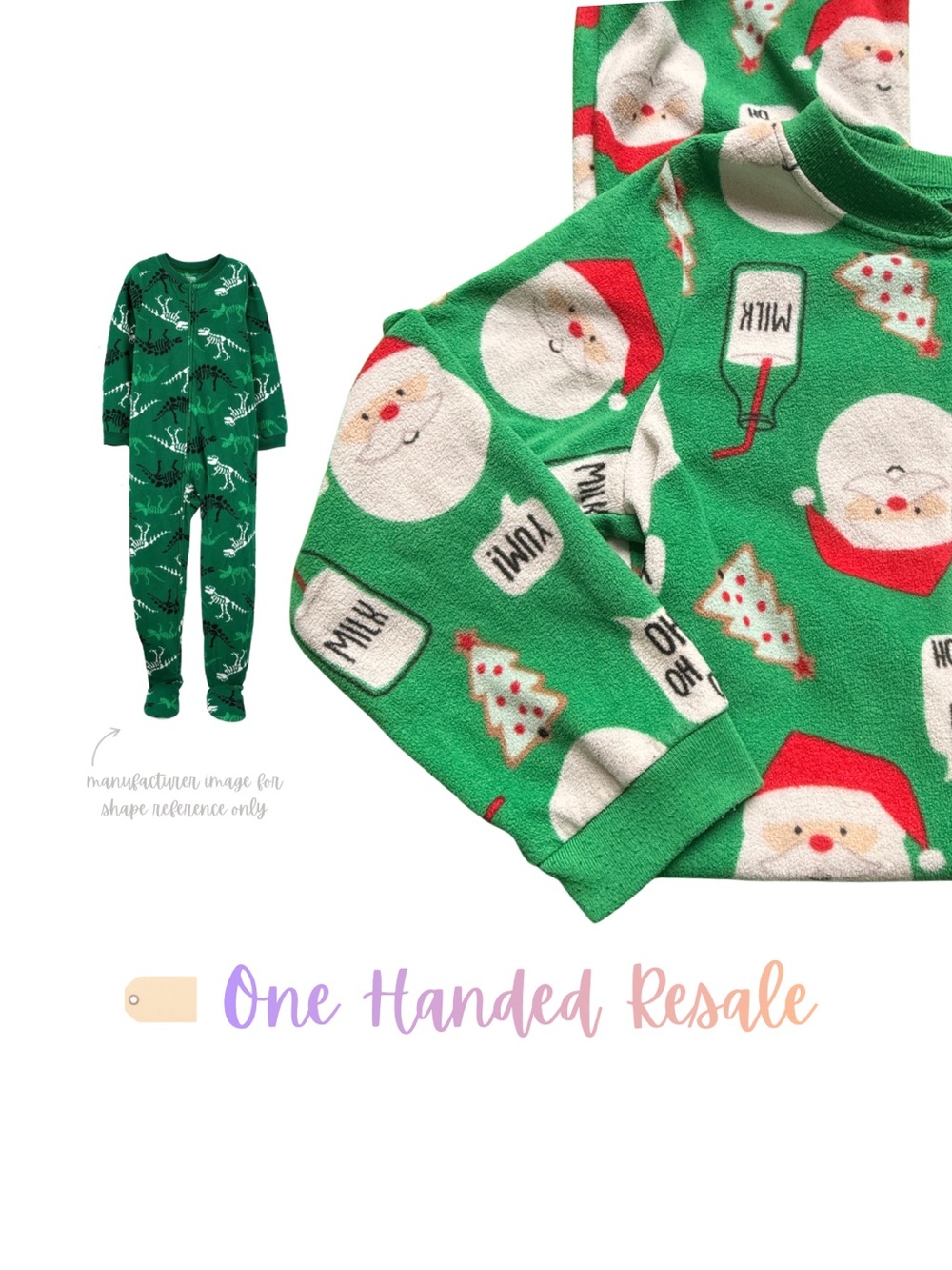 🦕 Carter's Big Kids Green Christmas Santa Cookies Fleece Footie Pajamas Unisex 7
